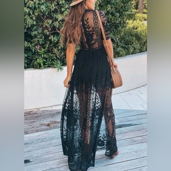 Socialite Black Sheer Lace Romper / Maxi Dress Overlay - Picture 2 of 7